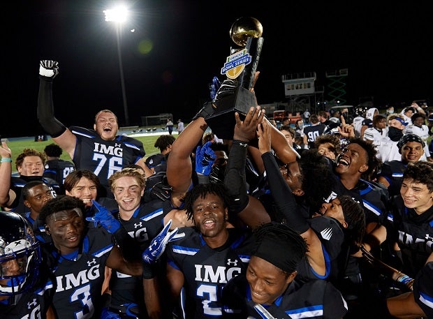 IMG Academy players celebrate their 41-6 GEICO Bowl Series win over TRU Prep Academy on Friday.